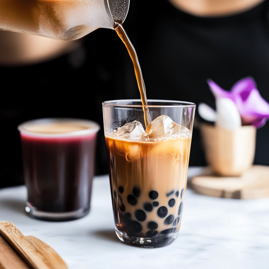 Black Milk Tea Boba: The Ultimate Guide to Making Perfect Bubble Tea at Home 6 Black Milk Tea Boba – A refreshing glass of creamy black milk tea with chewy tapioca pearls and a wide straw on a wooden surface