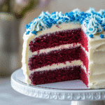 Blue Red Velvet Cake Recipe – The Ultimate Guide to Stunning Color and Taste 4 Blue Red Velvet Cake Recipe – A slice of moist, vibrant blue velvet cake with cream cheese frosting, topped with fresh berries on a white dessert plate.