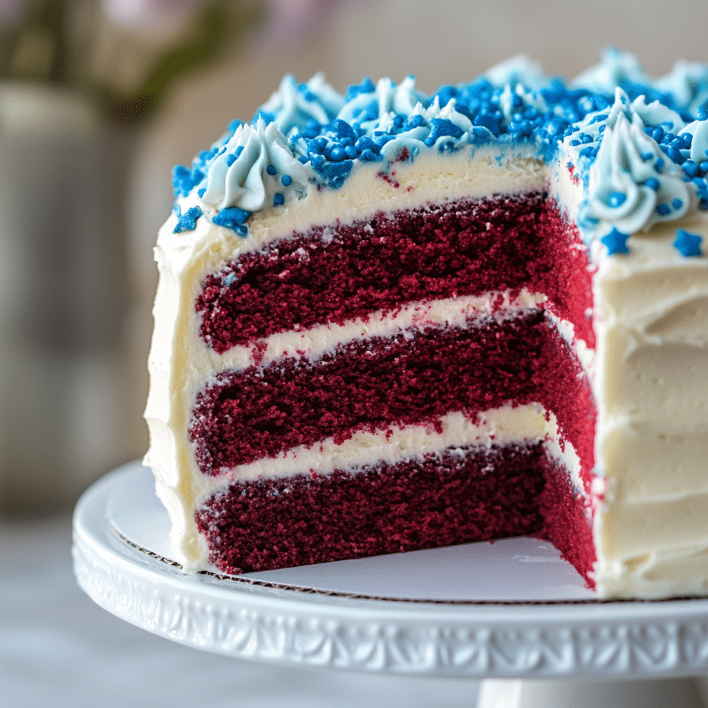 Blue Red Velvet Cake Recipe – The Ultimate Guide to Stunning Color and Taste 3 Blue Red Velvet Cake Recipe – A slice of moist, vibrant blue velvet cake with cream cheese frosting, topped with fresh berries on a white dessert plate.