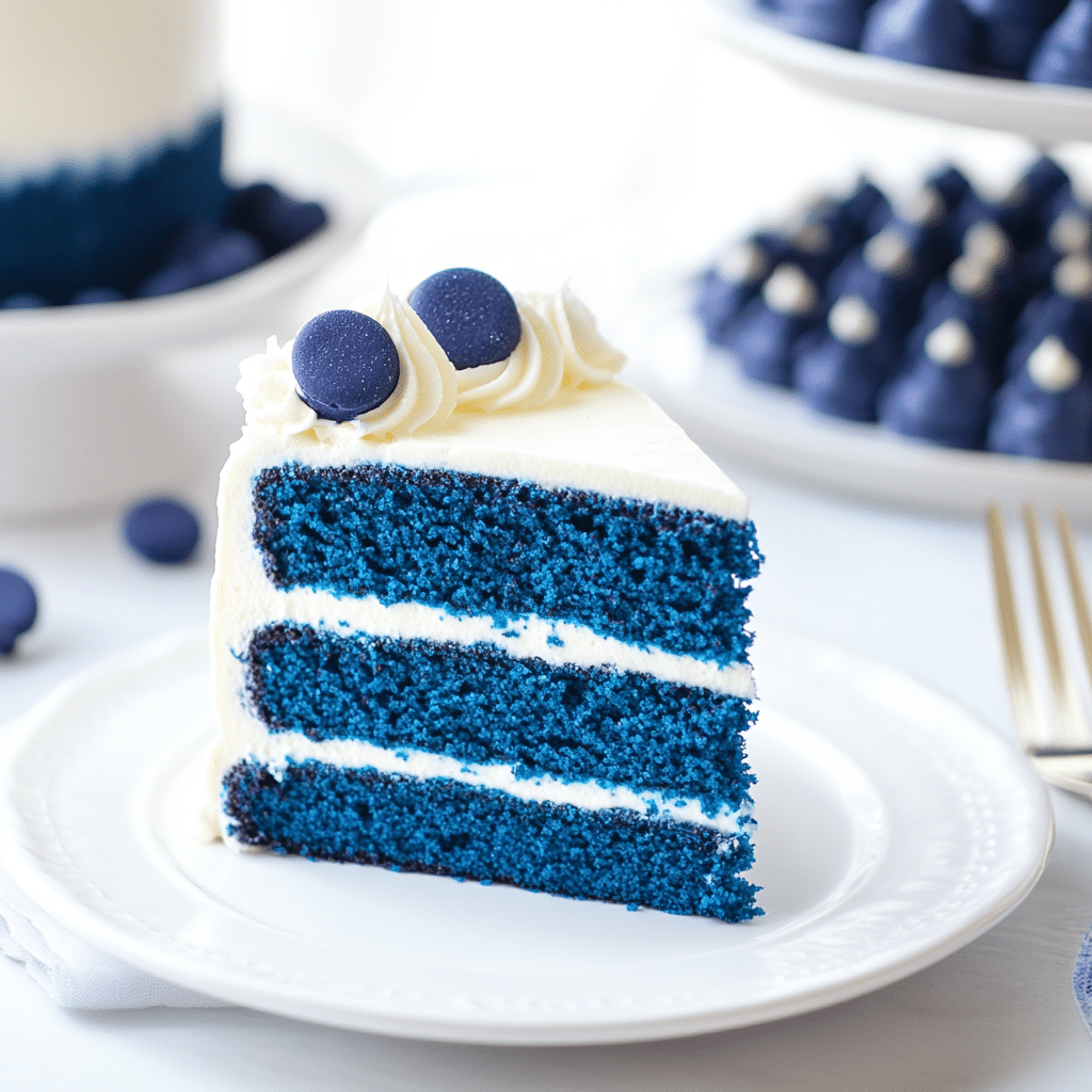 Blue Velvet Cake Recipe – The Rich & Elegant Dessert You Need to Try 4 Blue Velvet Cake Recipe – A slice of vibrant blue cake with cream cheese frosting on a white plate, garnished with blueberries.