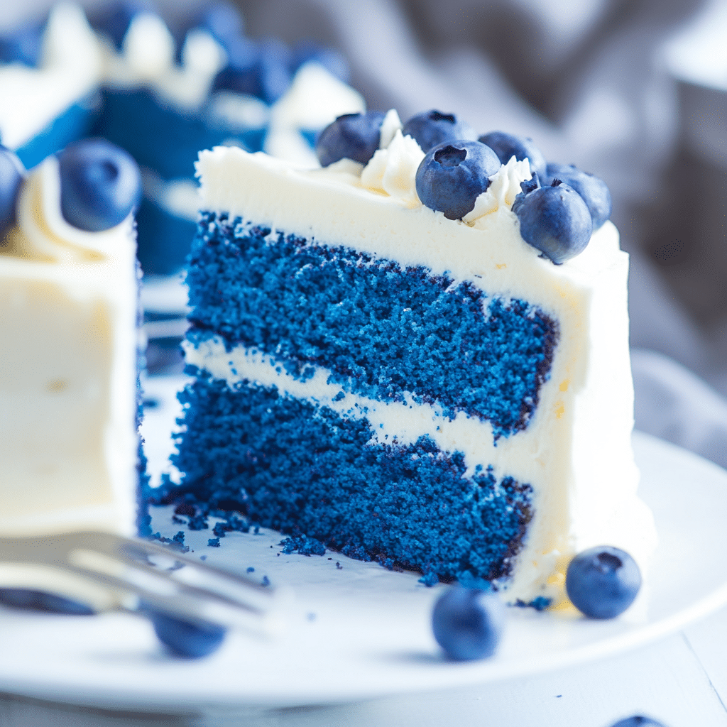 Blue Velvet Cake Recipe – The Rich & Elegant Dessert You Need to Try 6 Blue Velvet Cake – A whole vibrant blue cake with cream cheese frosting and decorative swirls, topped with fresh blueberries.