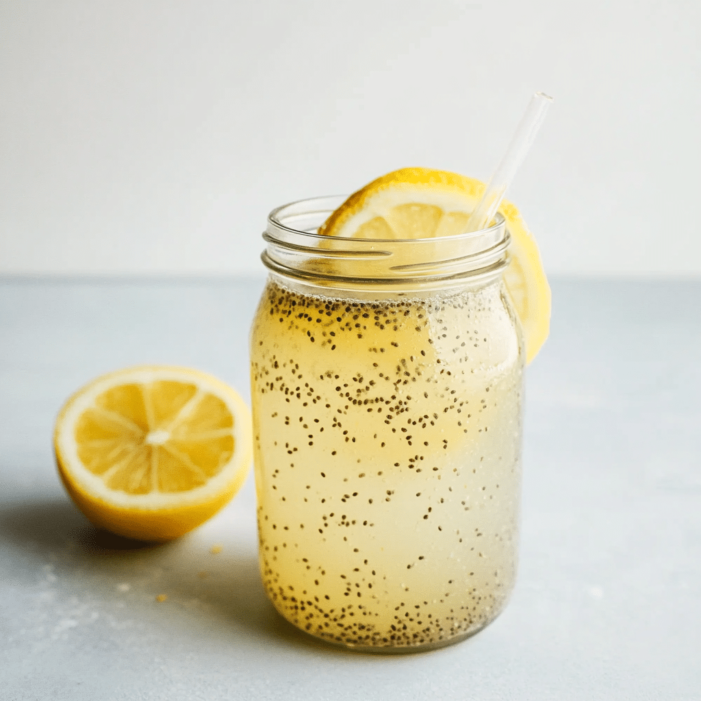 Chia Lemon Detox Drink – A Powerful Way to Cleanse & Energize 4 Chia Lemon Detox Drink – A refreshing glass of lemon water with chia seeds floating and lemon slices, served with a straw on a rustic table.