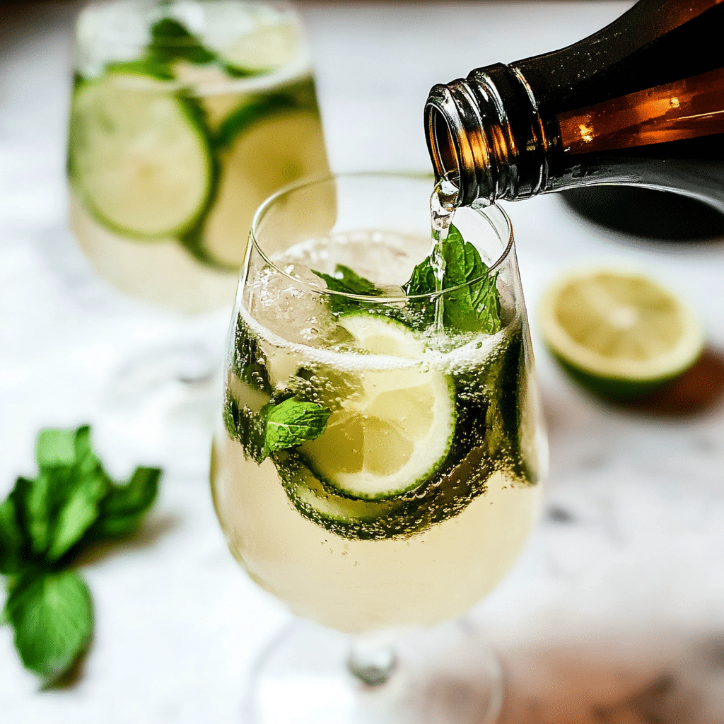 Easy Hugo Spritz Recipe: A Refreshing Summer Cocktail You Can Make at Home 6 Hugo Spritz – A sparkling cocktail with elderflower liqueur, prosecco, and fresh mint served in a large wine glass with lime slices and ice.