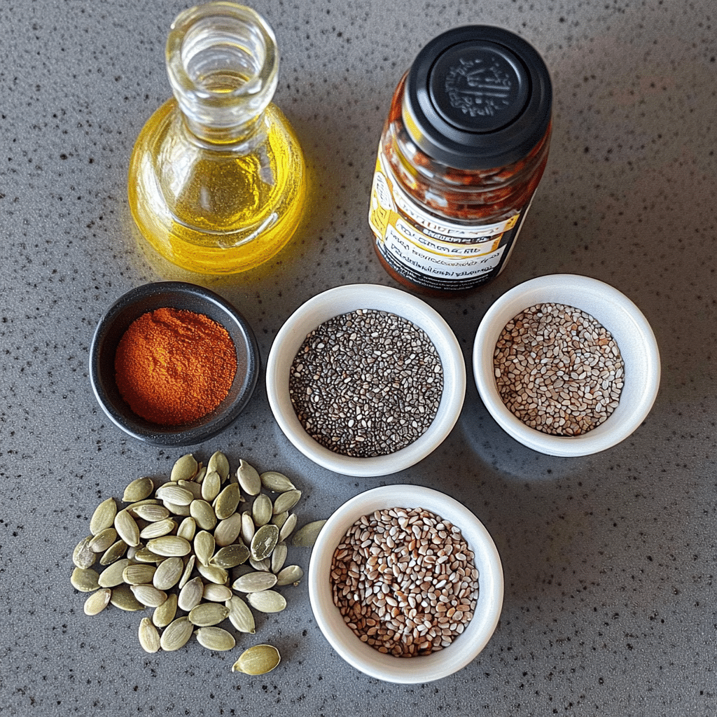 Bariatric Seeds Recipe for Weight Loss – The Natural Fat-Burning Mix You Need 5 Bariatric Seeds Recipe Ingredients – A flat lay of chia seeds, flaxseeds, pumpkin seeds, and sunflower seeds in measuring spoons and bowls on a rustic surface.