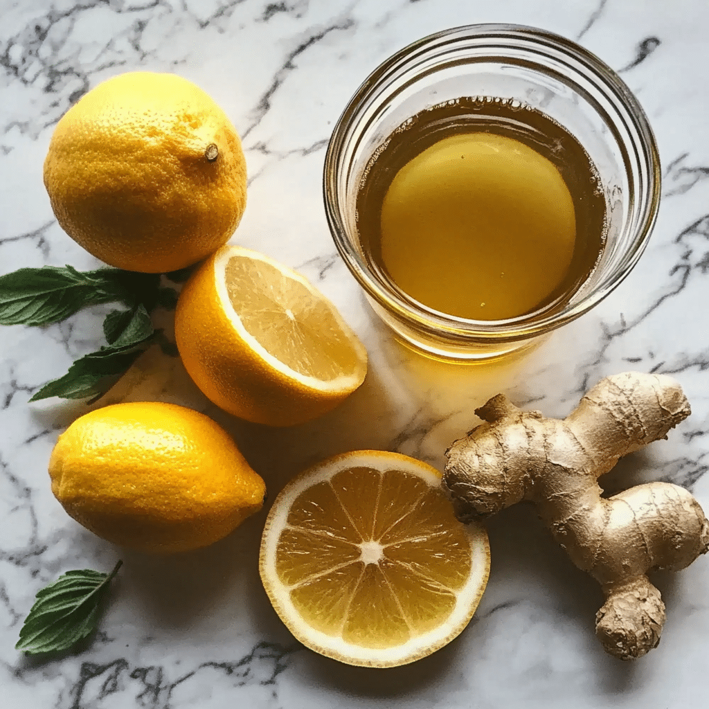 Natural Zepbound Drink Recipe: A Refreshing DIY Weight Loss Elixir 6 Ingredients for Natural Zepbound Drink Recipe – A flat lay of lemon, fresh ginger root, apple cider vinegar, raw honey, and a glass of warm water on a neutral background.