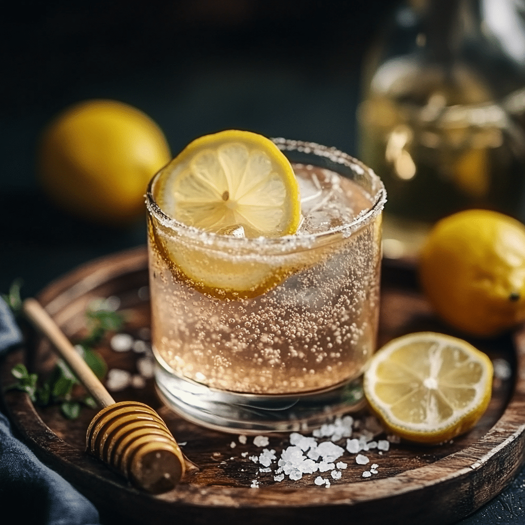 Japanese Pink Salt Trick 6 Japanese Pink Salt Recipe – A glass of warm lemon water with pink salt, surrounded by sliced lemons, a wooden spoon, and a salt bowl on a clean surface.