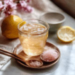 Japanese Pink Salt Trick 5 Japanese Pink Salt Trick – A small bowl of Himalayan pink salt with lemon slices and warm water in a glass, styled on a minimal Japanese tray.