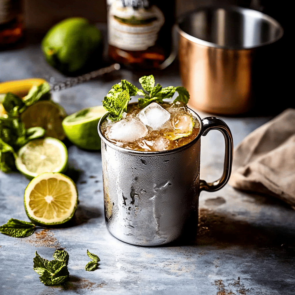 Kentucky Mule Recipe Easy – A Refreshing Southern Twist You’ll Love 6 Kentucky Mule Ingredients – A lineup of bourbon, ginger beer, fresh limes, and mint leaves on a wooden surface beside a copper mug.