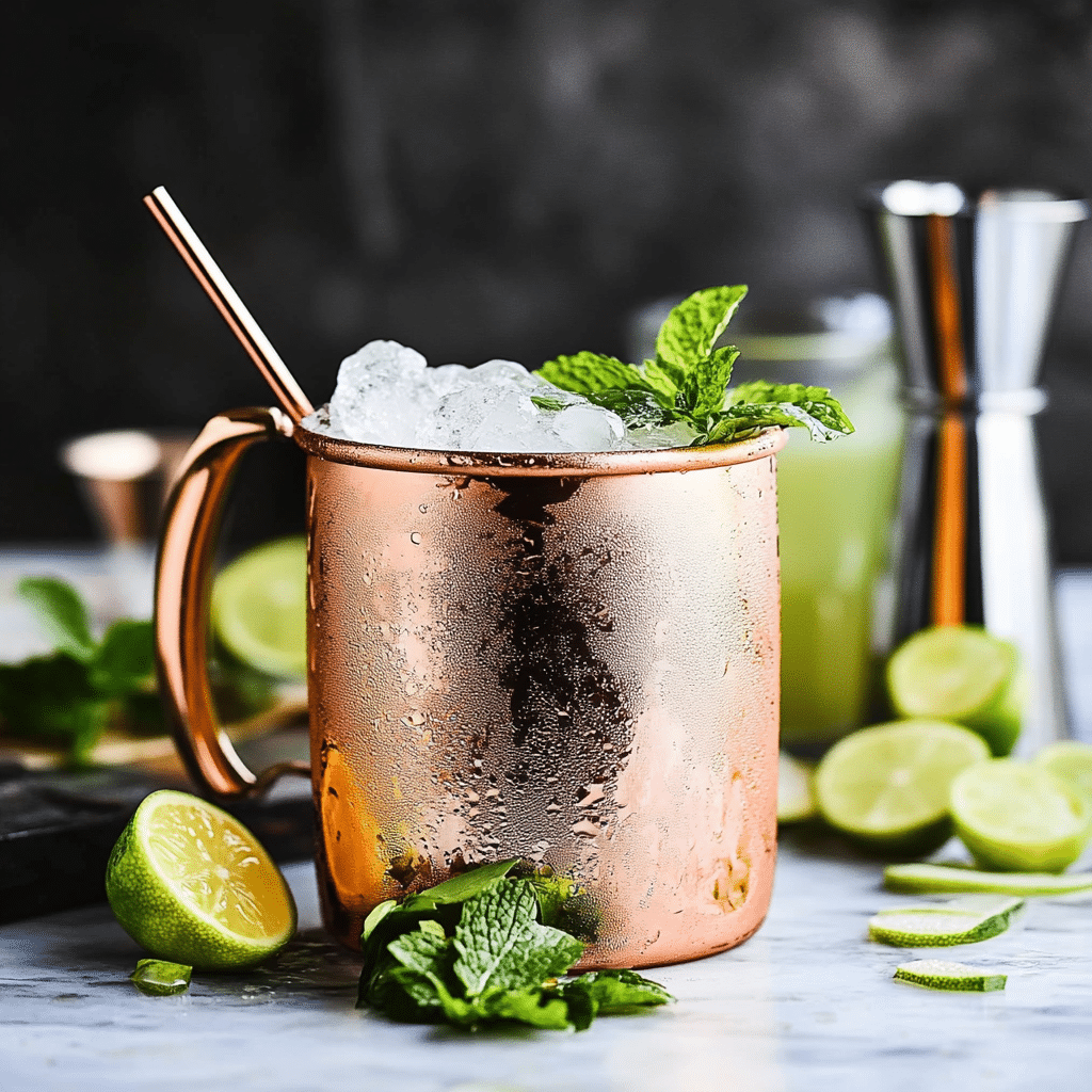 Kentucky Mule Recipe Easy – A Refreshing Southern Twist You’ll Love 4 Kentucky Mule Recipe – A classic copper mug filled with bourbon, ginger beer, and lime, garnished with a fresh mint sprig and ice cubes.