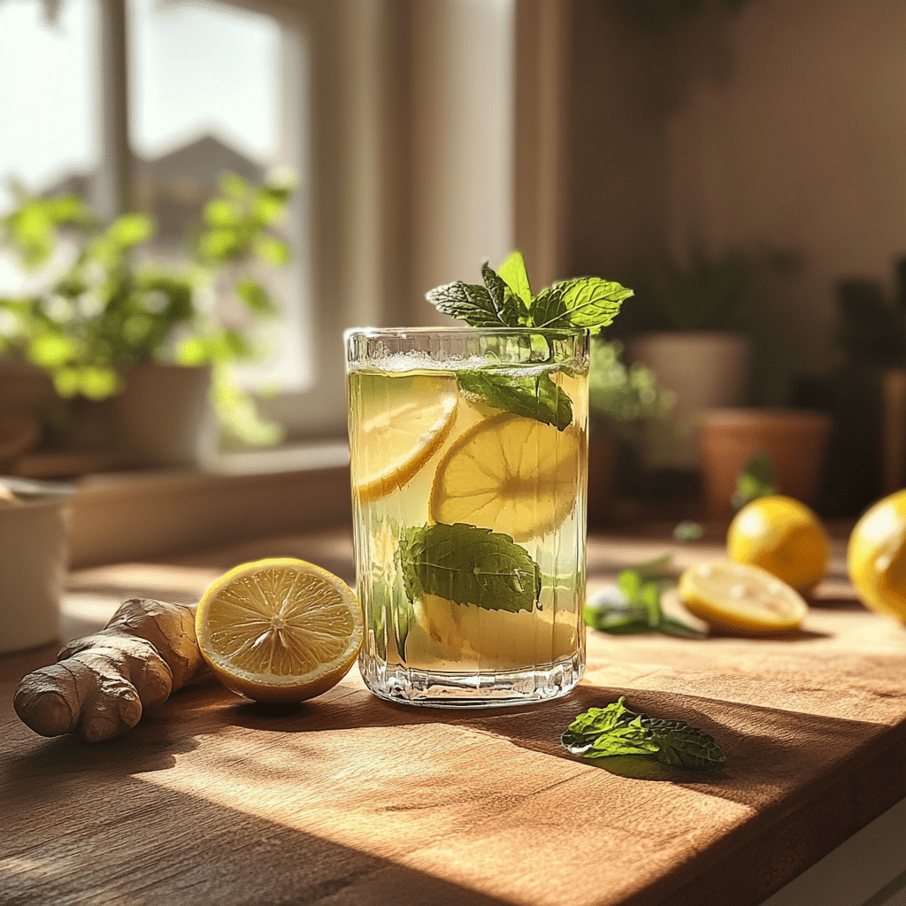 Natural Mounjaro Recipe : The Ultimate Slimming Drink You Need (2025) 6 Natural Mounjaro Recipe – A glass of warm detox drink with lemon slices, grated ginger, and apple cider vinegar on a wooden table.