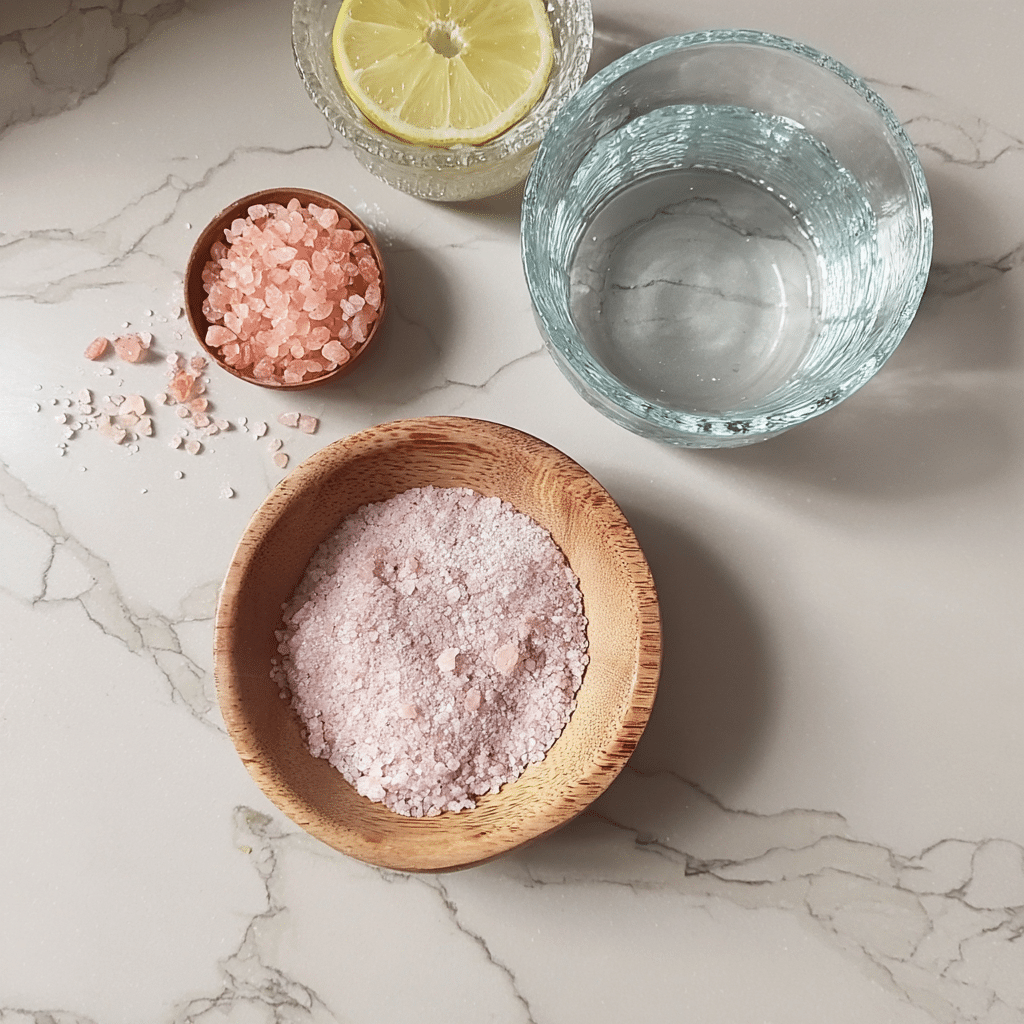 Oprah Pink Salt Trick Recipe ? The Morning Detox Trend Everyone’s Talking About 6 Oprah Pink Salt Trick Recipe – A clear glass of warm lemon water with Himalayan pink salt crystals on a wooden tray.