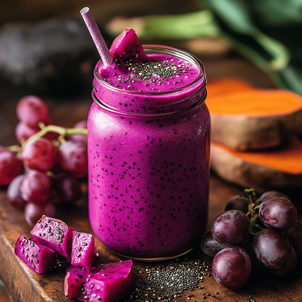 Purple Peel Weight Loss Recipe – The Ultimate Antioxidant Smoothie for Fat Burn 6 Purple Peel Weight Loss Recipe – A clear mason jar filled with vibrant purple detox juice, placed on a white countertop with lemon slices and purple cabbage nearby.