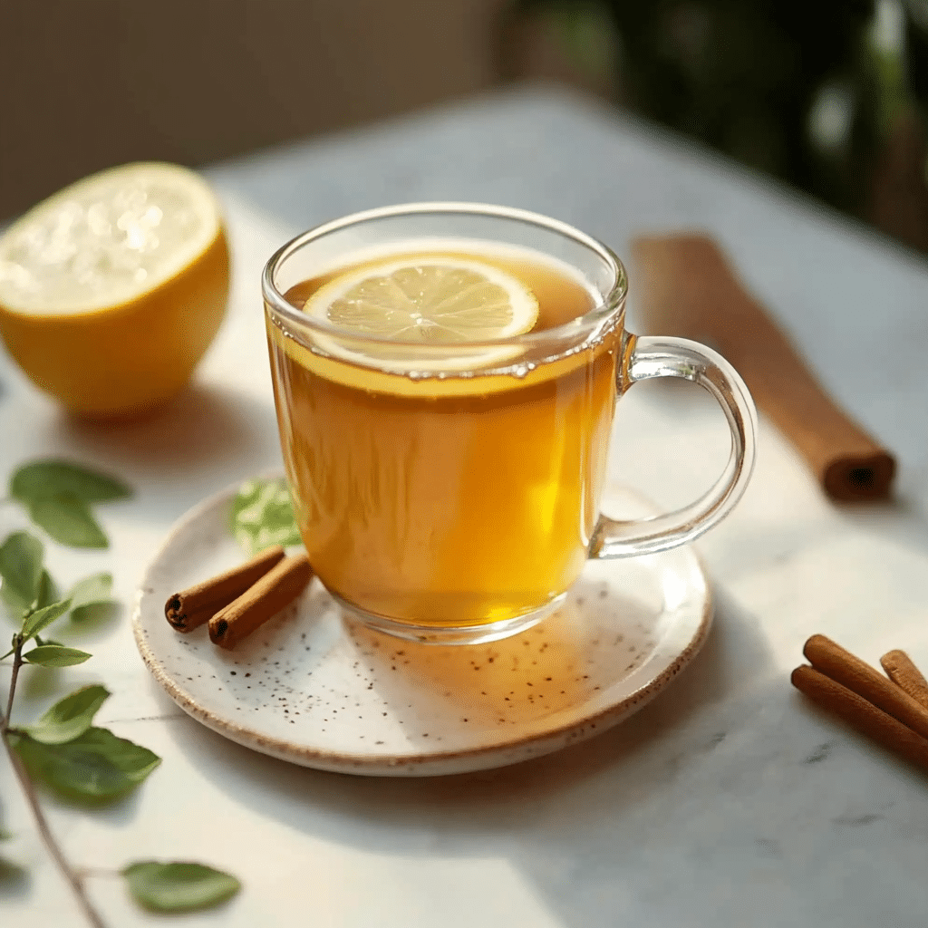 Ozempic Tea Recipe – A Natural Approach to Weight Support 1 Ozempic Tea Recipe – A cup of steaming tea with lemon slices, ginger, and cinnamon sticks on a rustic wooden surface.