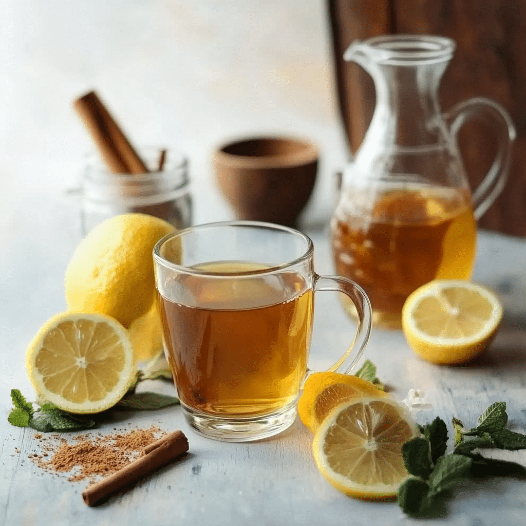 Ozempic Tea Recipe – A Natural Approach to Weight Support 2 Ozempic Tea Recipe – Herbal tea with fresh lemon slices, ginger root, and a cinnamon stick served in a clear glass cup.