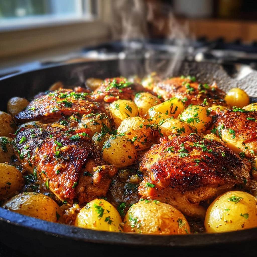 garlic butter chicken and potatoes skillet recipe - detail 1