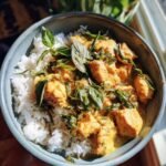aromatic spiced coconut basil chicken with rice comfort bowl