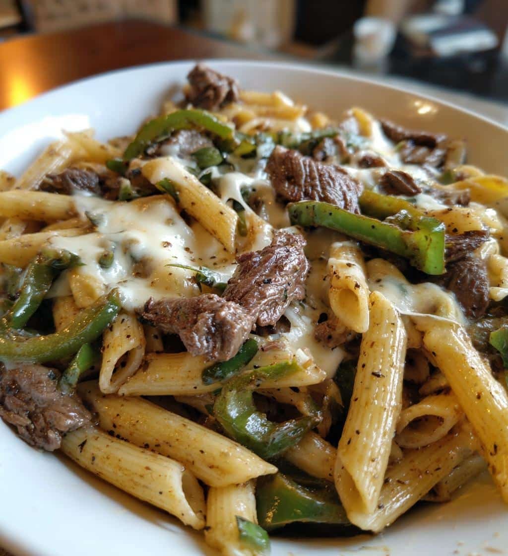 cheesy philly cheese steak pasta loaded with flavor - detail 1