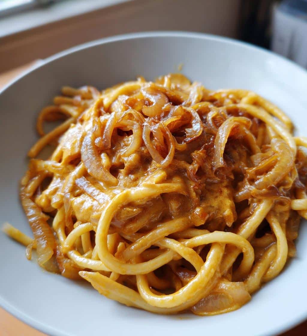 comfort creamy vegan caramelized onion pasta - detail 1