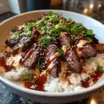 juicy korean bbq steak rice bowls with spicy cream sauce