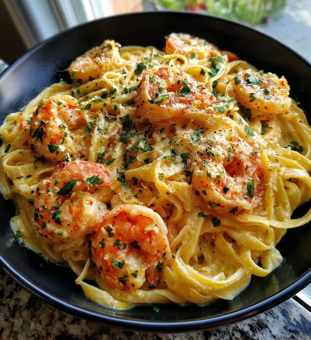 savory creamy shrimp fettuccine pasta with homemade alfredo sauce - detail 1