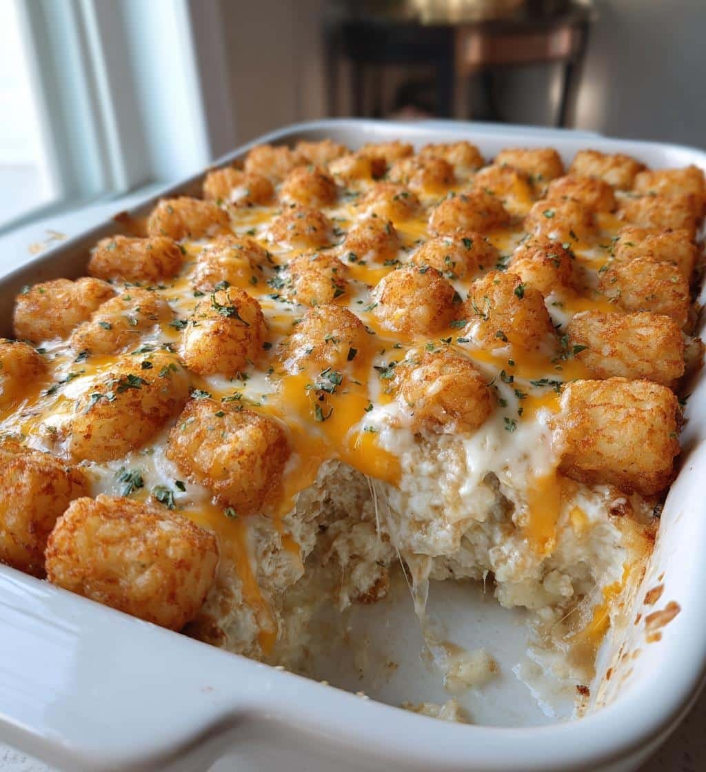 this cheddar ranch chicken tater tot bake always gets seconds - detail 1