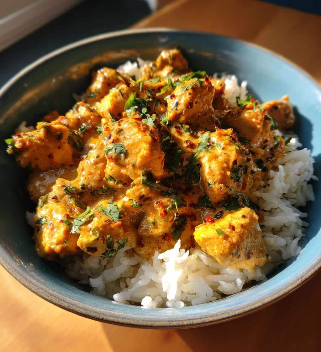 aromatic spiced coconut basil chicken with rice comfort bowl - detail 1