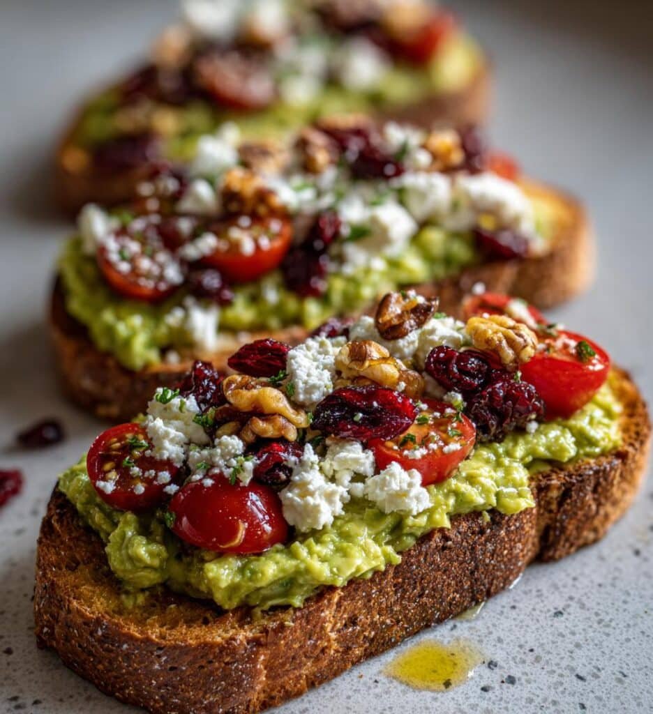 avocado toast with feta cheese cherry tomatoes cranberries walnuts