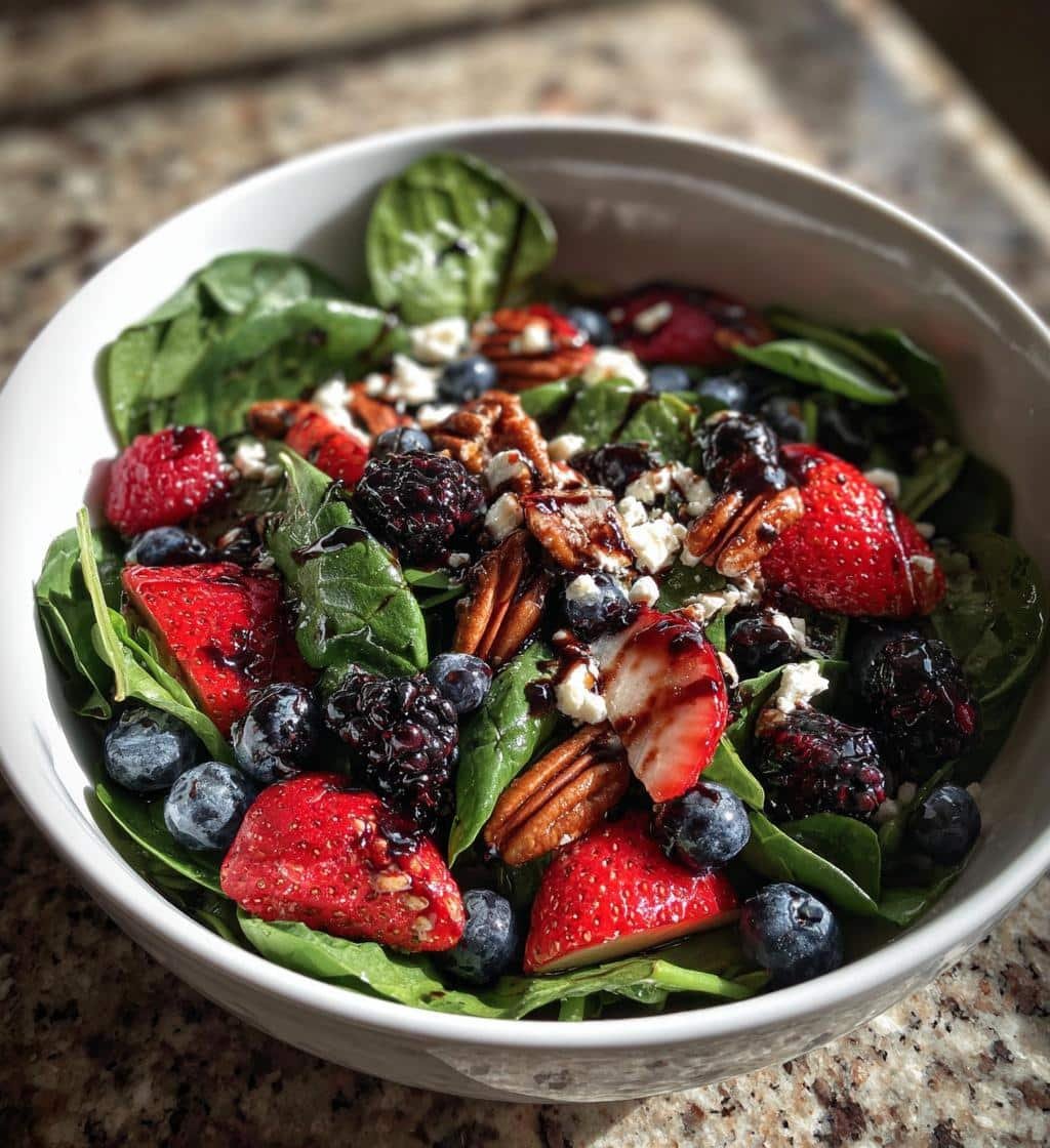 10-Minute Berry Spinach Salad with Pecans Feta & Balsamic Glaze 3 berry spinach salad with pecans feta and balsamic glaze - detail 1