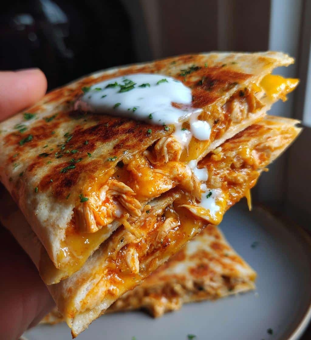 Irresistible Cheesy Hot Honey Chicken Quesadillas in 30 Minutes 3 cheesy hot honey chicken quesadillas with spicy jalapeno cream sauce - detail 1