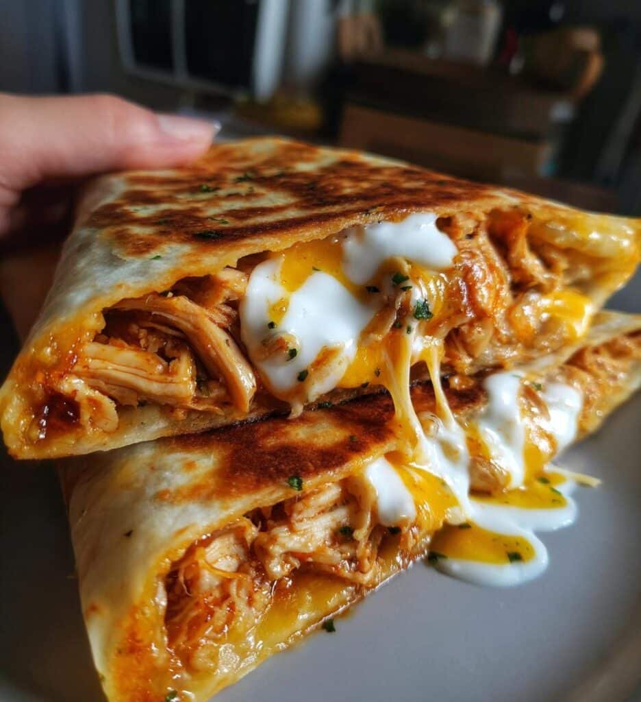 cheesy hot honey chicken quesadillas with spicy jalapeno cream sauce