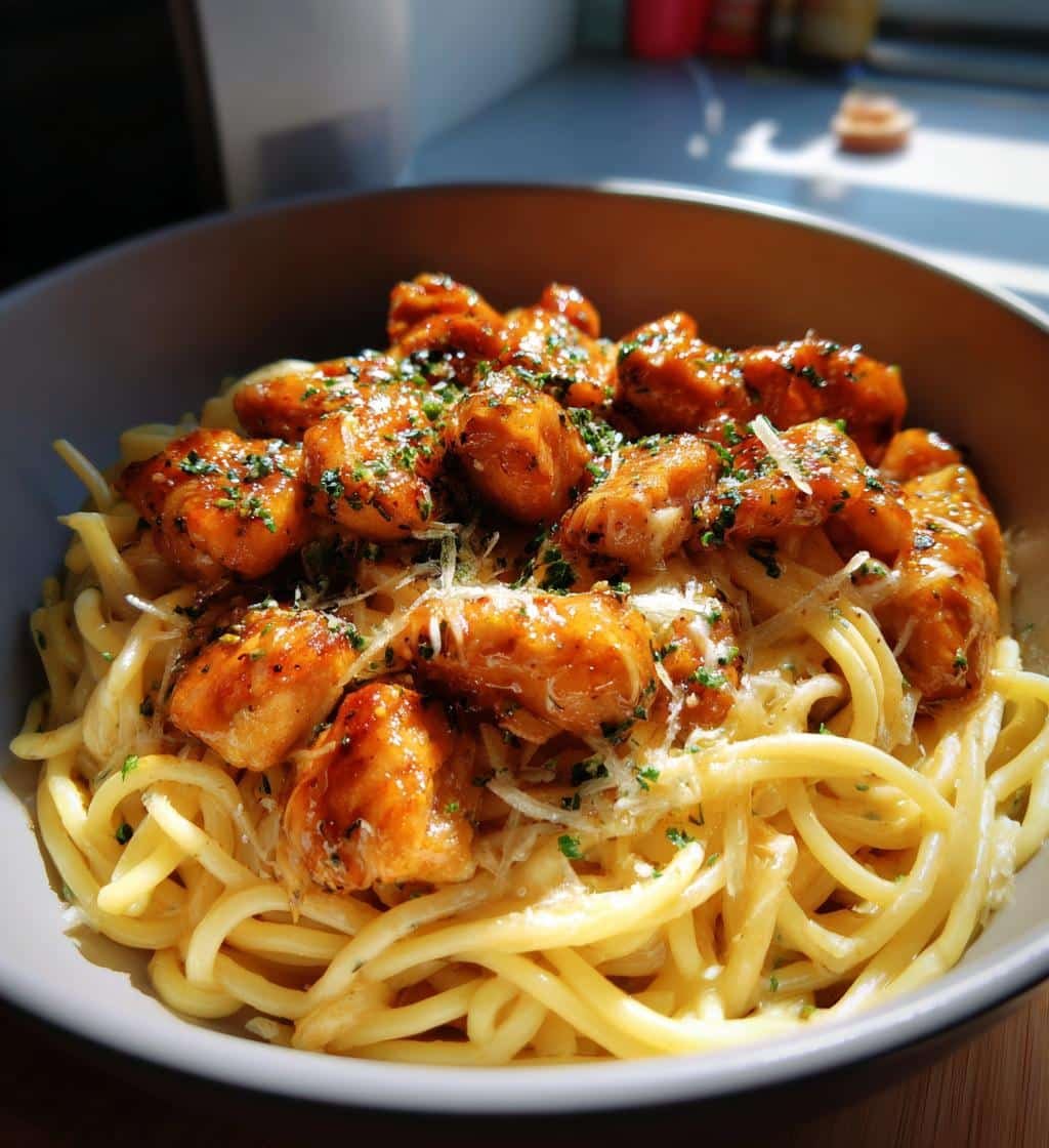 irresistible garlic butter chicken bites with creamy pasta - detail 1