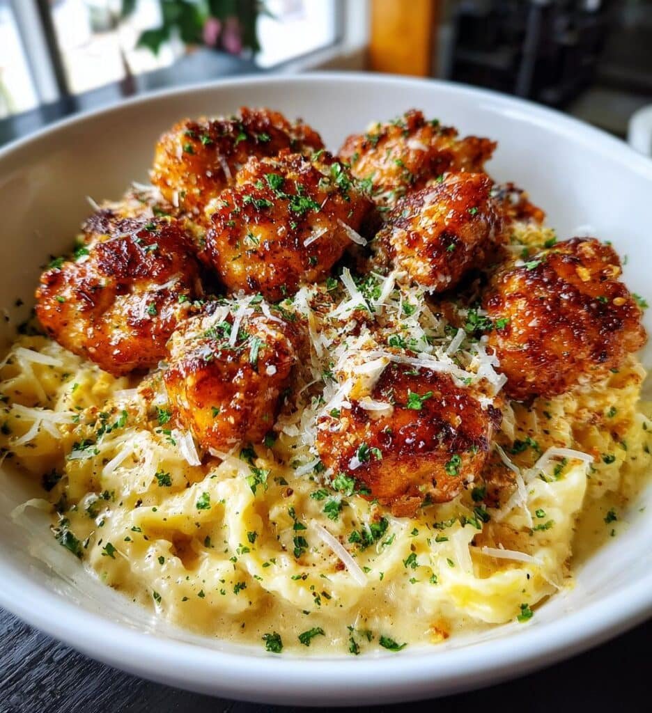 irresistible garlic butter chicken bites with creamy pasta