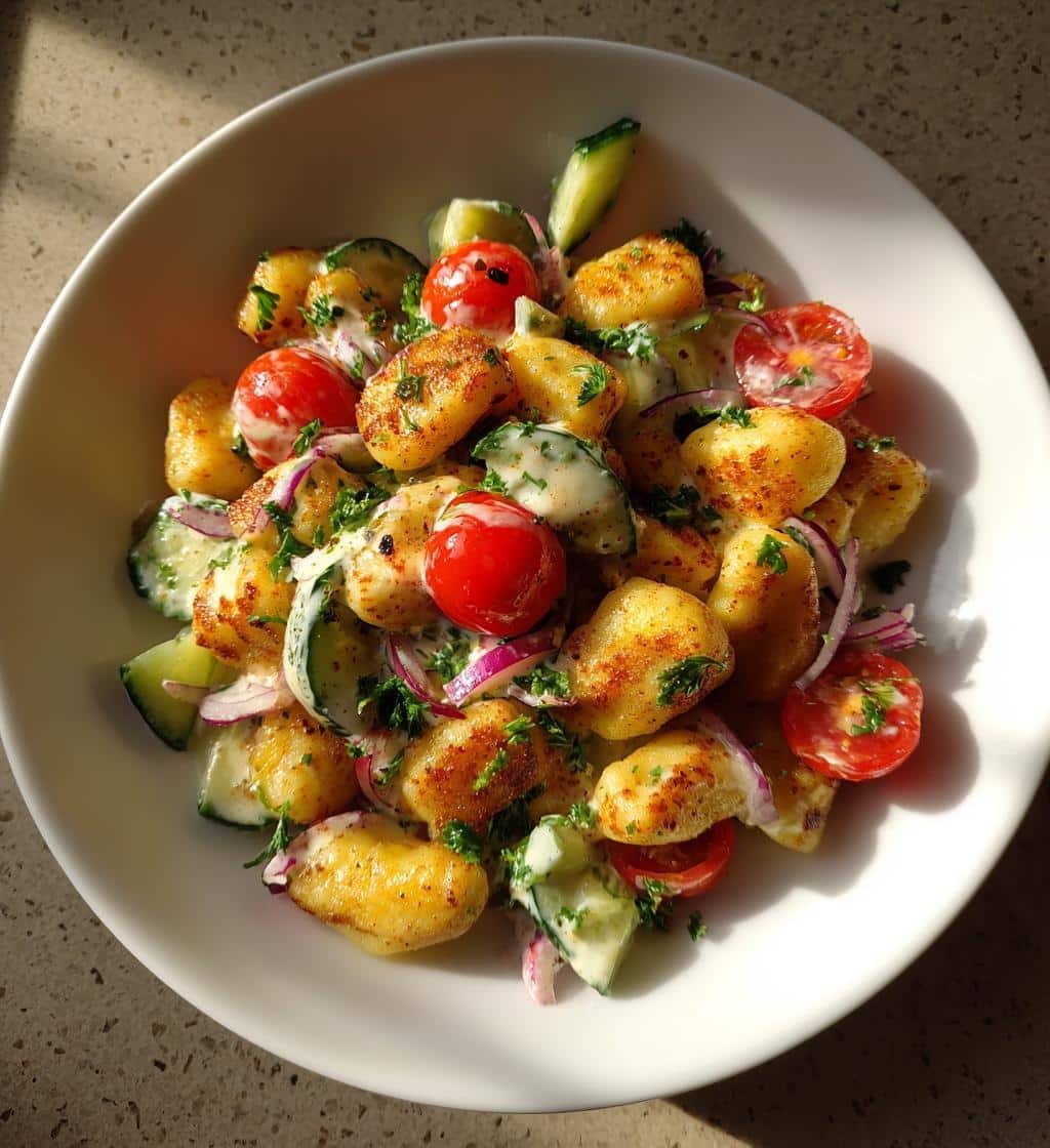 knuspriger gnocchi salat mit joghurt dressing - detail 1