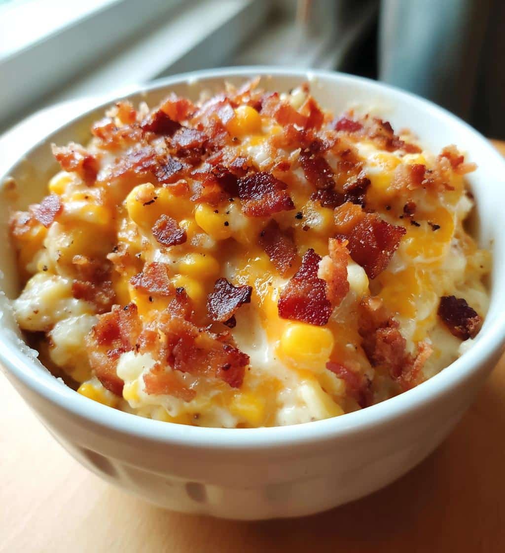 slow cooker cheddar corn with bacon - detail 1